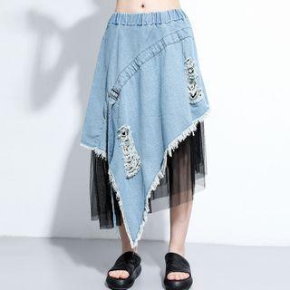 Asymmetric Ripped Panel Midi A-line Denim Skirt