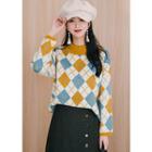 High-neck Argyle Wool Blend Sweater