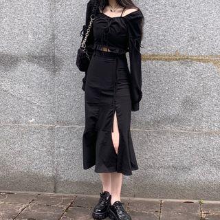 Long-sleeve Frill Trim Cropped Blouse / Slit Midi Mermaid Skirt