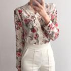 Lace Trim Floral Print V-neck Blouse