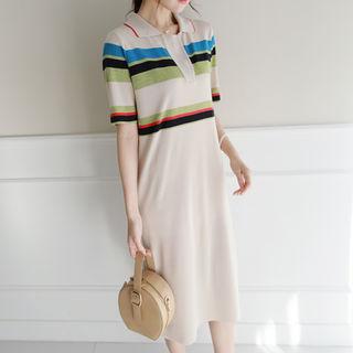 Open-placket Stripe Knit Polo Shirtdress