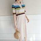 Open-placket Stripe Knit Polo Shirtdress