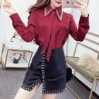 Tie-neck Shirt / Faux Leather Studded Mini A-line Skirt