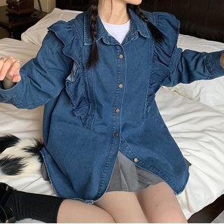 Long-sleeve Ruffle Trim Denim Jacket Denim - One Size