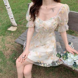 Embroidered Mesh Short-sleeve Mini A-line Dress