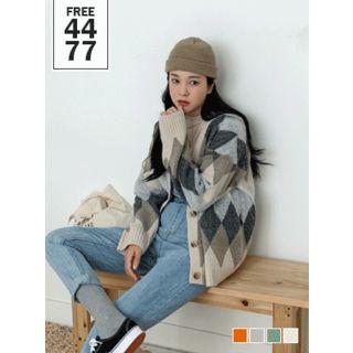 V-neck Wool Blend Argyle Cardigan