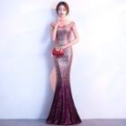 Sleeveless One Shoulder Gradient Sequined Mermaid Evening Gown