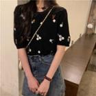 Short Sleeve Flower Embroidered Knit Cropped Top