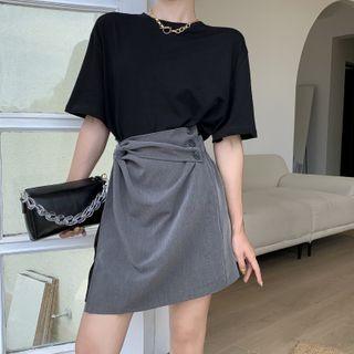 Set: Round-neck T-shirt + High Waist A-line Wrap Skirt