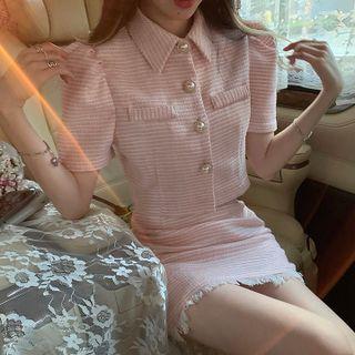Puff-sleeve Cropped Blouse / Fringed Trim Mini Pencil Skirt