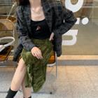 Plaid Loose-fit Blazer / Rose Camisole Top / Velvet Midi Skirt