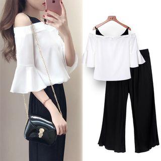 Set: Color Panel Off Shoulder Elbow Sleeve Blouse + Wide Leg Pants