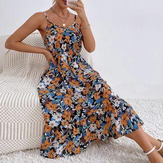 Floral Spaghetti-strap A-line Midi Dress