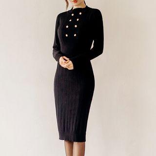 Double-buttoned Knit Midi Dress