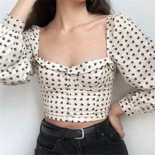 Puff Sleeve Square-neck Heart Print Crop Top