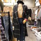 Skull Applique Long Double-breasted Plaid Coat
