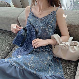 Spaghetti Strap Floral Print Paneled Midi Chiffon Dress