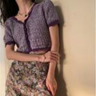 Short-sleeve Buttoned Knit Top Purple - One Size