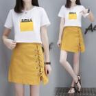 Set: Lettering Short-sleeve T-shirt + Lace Up Mini A-line Skirt