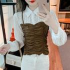 Mock Two-piece Puff-sleeve Shirred Lace Blouse