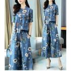 Set: Short-sleeve Floral Blouse + Wide-leg Pants