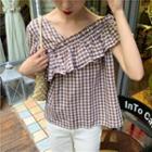 V-neck Short-sleeve Plaid Top Khaki - One Size