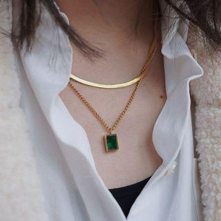 Square Zircon Necklace Green & Gold - One Size