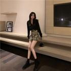 V-neck Blouse / Cat Print A-line Skirt