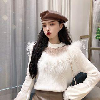 Plain Crewneck Feather Loose-fit Puff-sleeve Top