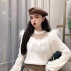 Plain Crewneck Feather Loose-fit Puff-sleeve Top