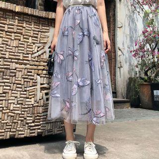 Sequined Dragonfly Embroidered Midi A-line Skirt