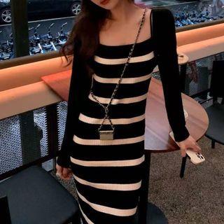 Spaghetti-strap Striped Maxi Sheath Dress / Long-sleeve Shrug