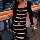 Spaghetti-strap Striped Maxi Sheath Dress / Long-sleeve Shrug