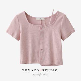 Square-neck Plain Button-up Cropped Top