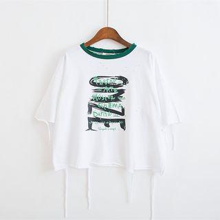 Lettering Ripped Elbow-sleeve Cropped T-shirt