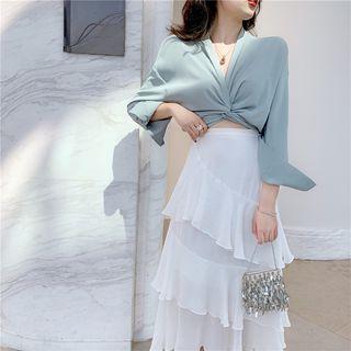 Ribbon-neckline Sheer Chiffon Blouse / Irregular Skirt