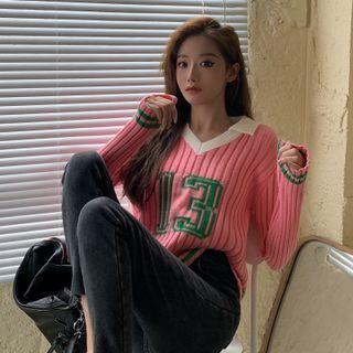 Collared Numbering Ribbed Knit Top Pink - One Size