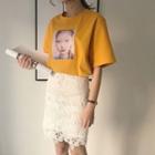 Set : Print Short-sleeve T-shirt + Lace Skirt