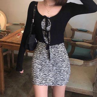 Lace Up Cardigan / Zebra Print Spaghetti Strap Mini Sheath Dress