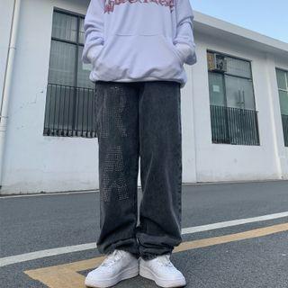 Rhinestone Lettering Wide Leg Jeans