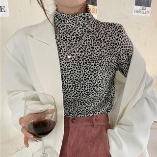 High-neck Leopard Printed Long-sleeve Top Black & White - One Size