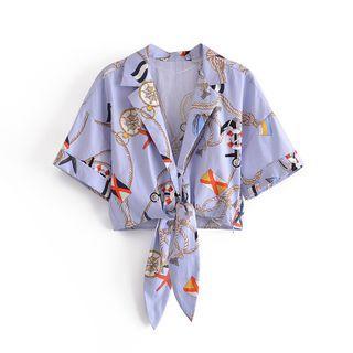 Short-sleeve Print Tie-hem Cropped Blouse