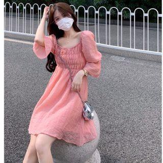 Puff-sleeve Floral Print Shirred A-line Dress Pink - One Size