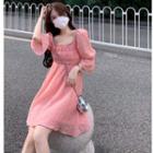 Puff-sleeve Floral Print Shirred A-line Dress Pink - One Size
