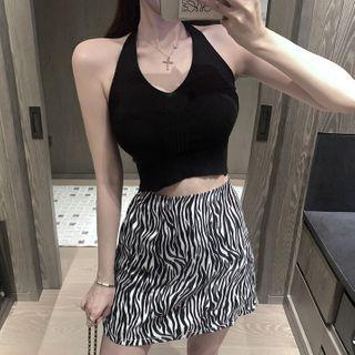 Halter-neck Top / Zebra Print Mini A-line Skirt