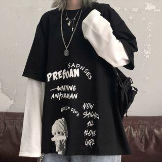 Mock Two-piece Long-sleeve Lettering Printed T-shirt