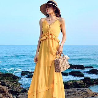 Ruffled Spaghetti Strap A-line Maxi Dress