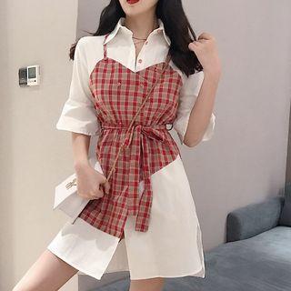 Plaid Panel Mock Two-piece Shirtdress