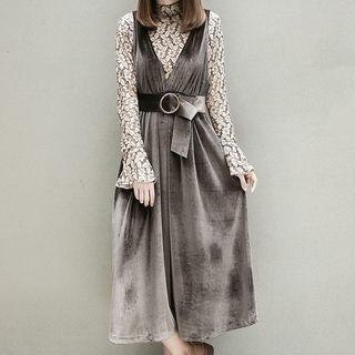 Set: Long-sleeve Lace Top + Velvet Pinafore Dress
