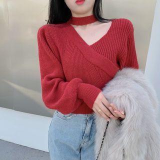 Asymmetrical Diagonal Collar Halter Lantern-sleeve Knit Shirt